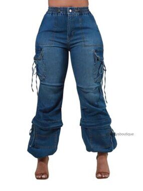Wide Leg High Waisted Cargo Jeans Drawstring Denim Pants